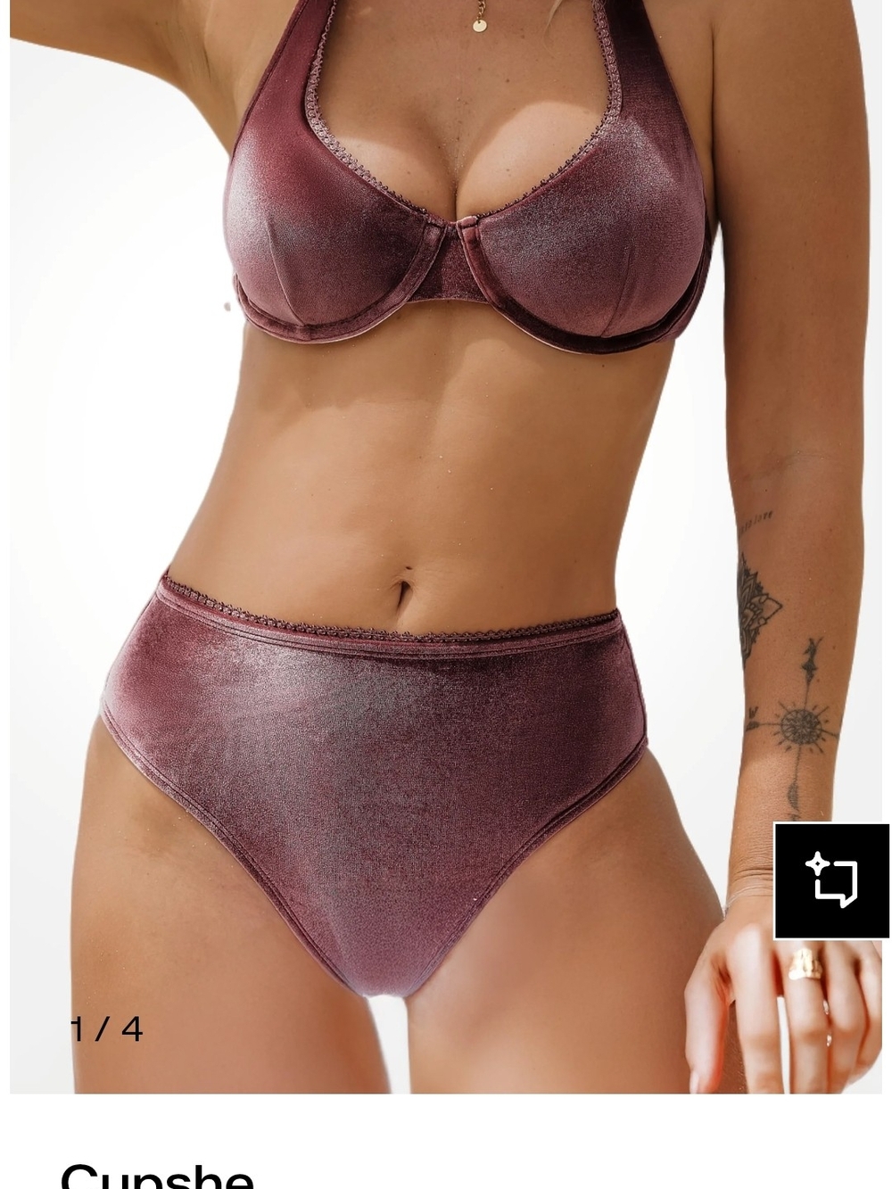 Cupshe Metallic Velvet Underwire Bra & High-Waist Bikini - Mauve Medium